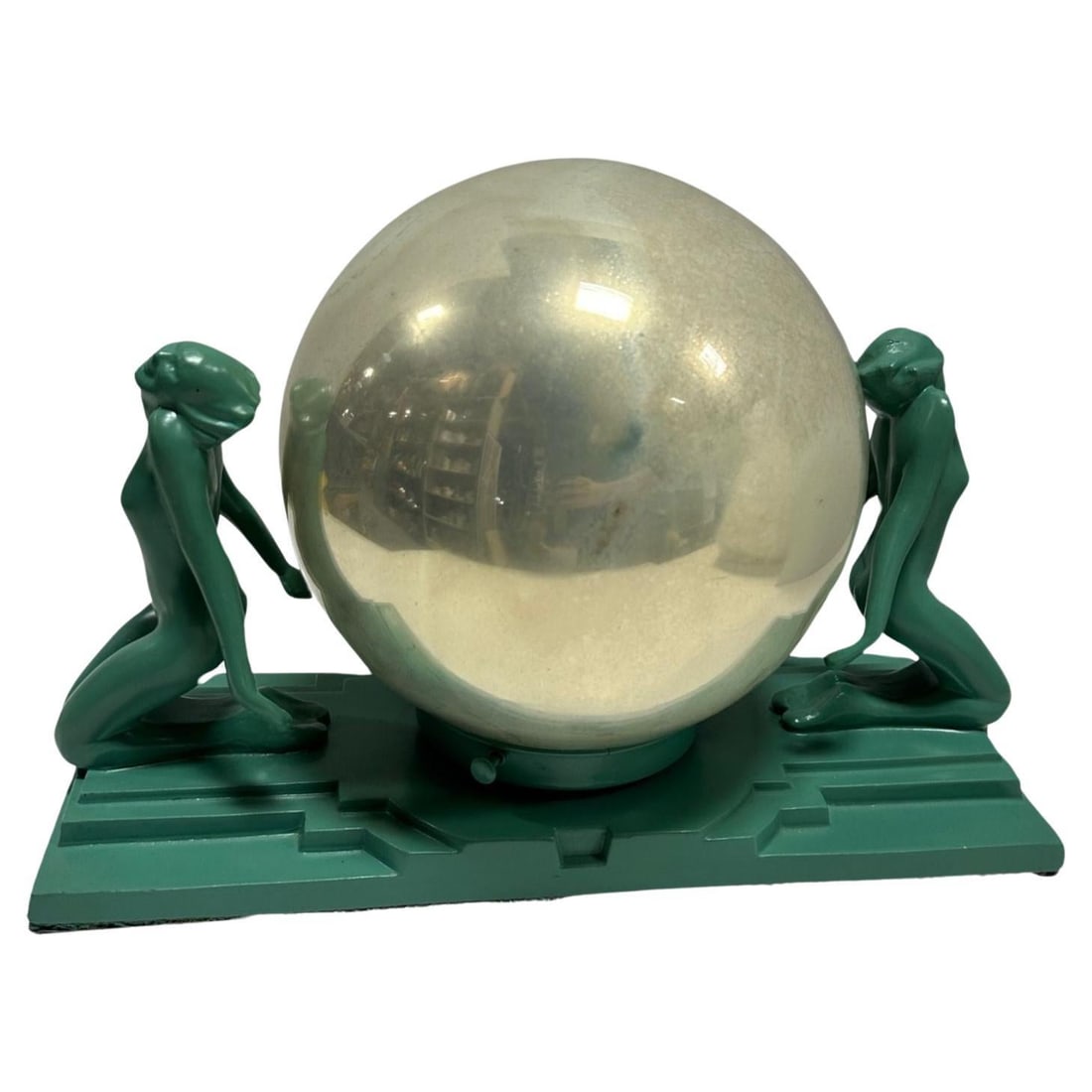Frankart Art Deco Nude Female Figurals with 1920s Mercury Glass Globe: Two sculpted and relaxed nude female figurines, both adorned with smiles, serve as captivating "fem fatales" on either side of an original, large, and brilliantly original 1920s mercury glass globe sh