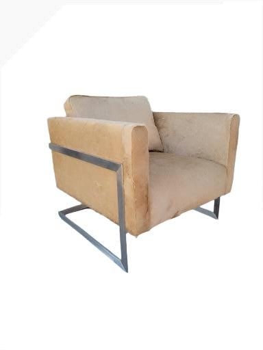 Mid Century Modern Milo Baughman T-Back Floating Cube Chair Newly Upholstered: Vintage from before 2000 Mid Century Modern Milo Baughman For Thayer Coggin Polished Stainless Steel T-Back Floating Cube Chair Newly Upholstered in High End Cream Hair-on-Hide A vintage Mid Century M