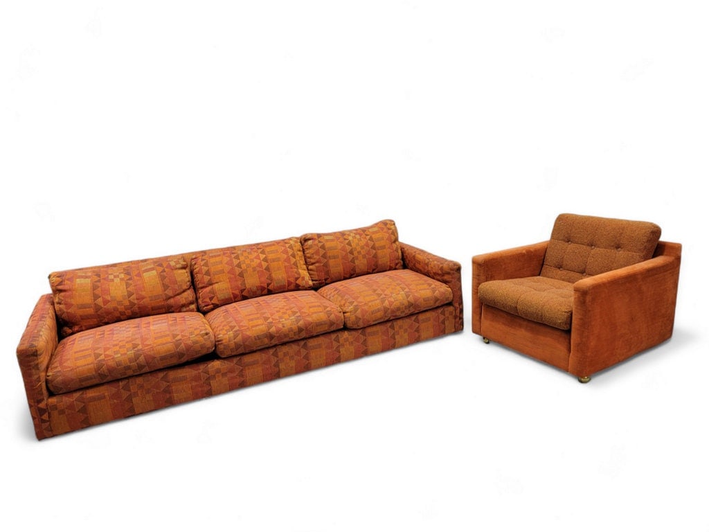 Mid Century Modern Milo Baughman Tuxedo Sofa & Cube Chair For Thayer Coggin - 2 Piece Set: Vintage from before 2000 Mid Century Modern Original Milo Baughman 3 Seat Tuxedo Sofa & Cube Chair For Thayer Coggin - 2 Piece Set Featuring a MCM vintage sofa and cube chair designed by Milo Baug