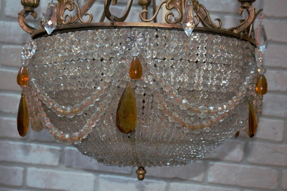 Antique French Victorian Chandelier With a Crystal Beaded Bowl: Vintage from before 2000 Antique French Victorian Gilt Bronze Chandelier with 3 Arms Emanating from a Crystal Beaded Bowl Light function and cord is in good condition. Circa Early 20th Century Dimenti