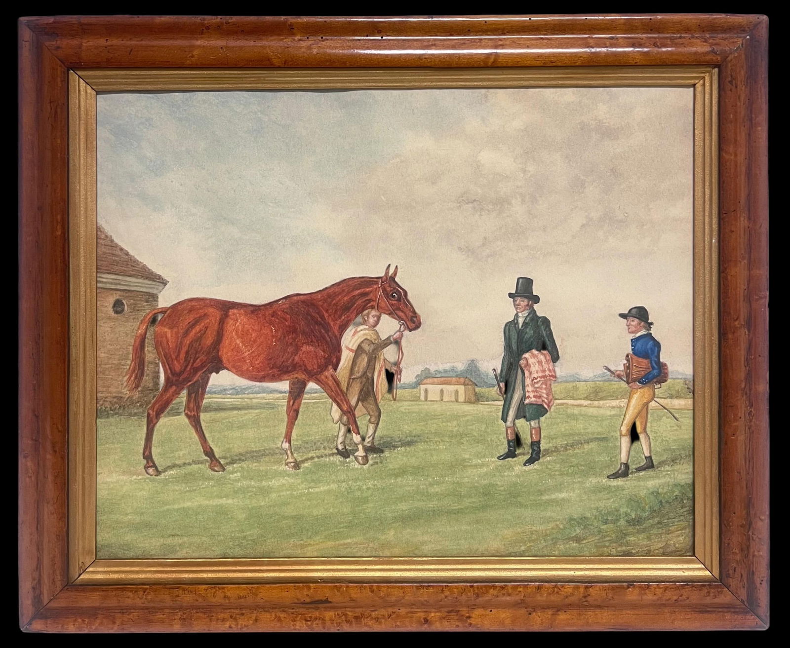 British Sporting Art; Fine 1820's British Horse Racing Painting Trainer, Horse & Jockey in Field: The Trainer & Jockey British School, early 19th century watercolour on artist paper mounted on board, framed in wooded frame framed: 17.5 x 22 inches board: 15 x 19 inches Provenance: private collecti