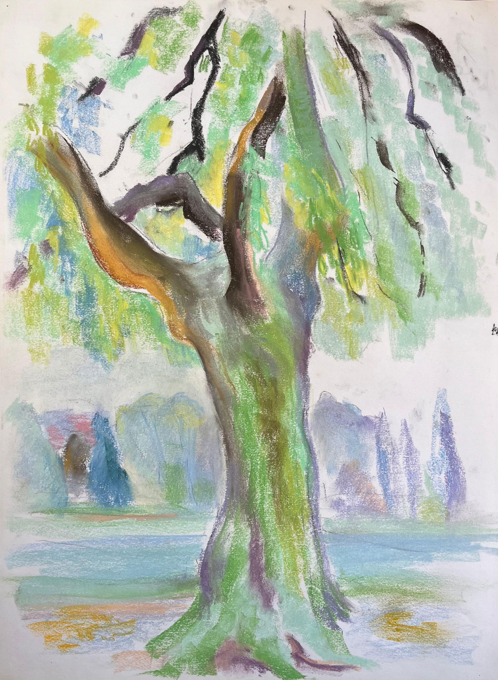 Anne Marie Migette Perard; Mid-Century French Pastel of a Willow Tree in a Lush Park Setting: Title: Mid-Century French Watercolour Beach Scene With Green Umbrella and Seated Figure by Anne Marie Migette Perard (French 1902-1977) Medium: Watercolor on unframed paper Size: 13.25 inches (height)