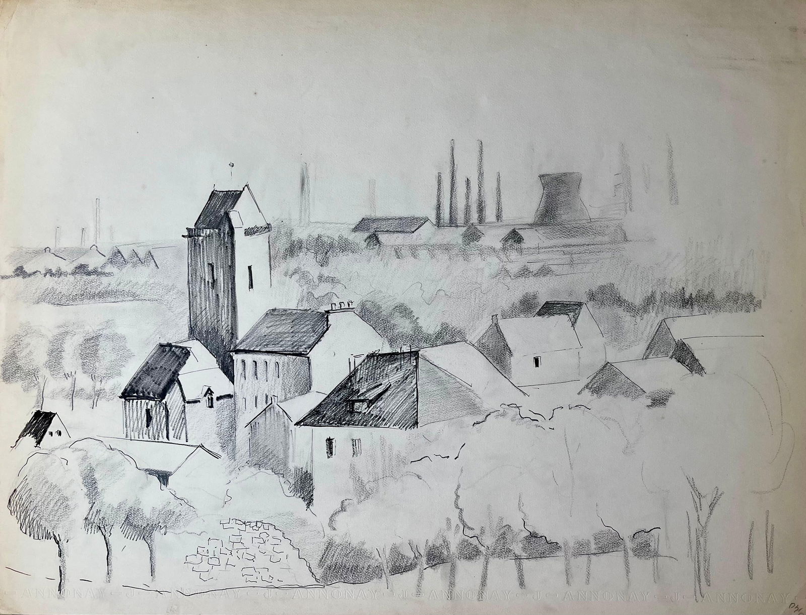 Anne Marie Migette Perard; French Mid-Century Graphite and Pen Drawing of Annonay with Industrial: Title: French Mid 20th Century Pastel of Sunlit Park with Trees and River View by Anne Marie Migette Perard (French 1902-1977) Signed: Yes Medium: Pastel on unframed paper Size: 19.75 inches (height)