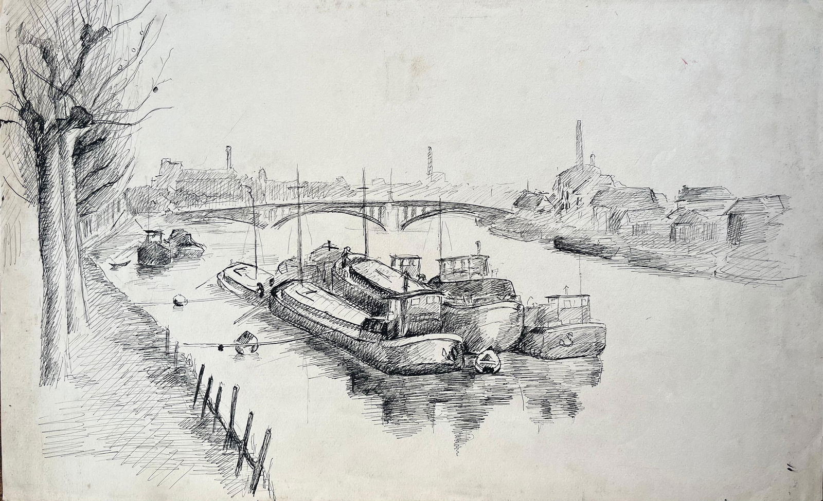 Anne Marie Migette Perard; Mid-Century French Ink Drawing of Barges Moored on River With Industrial: Title: Mid-Century French Abstract Still Life With Fruit and Glass in Bold Oil Colours by Anne Marie Migette Perard (French 1902-1977) Signed: Yes Medium: Pastel on unframed paper, with paper mounting