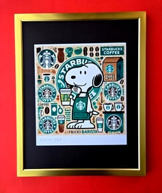 AIDAN FLUX | Hand Signed Print Framed Edition of 69 COA SNOOPY STARBUCKS BARISTA