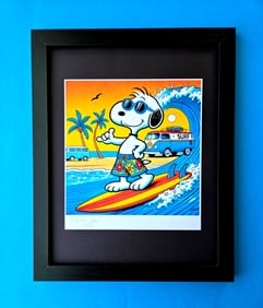AIDAN FLUX | Hand Signed Print Framed LtdEd of 69 COA| SNOOPY SURFIN' USA VW