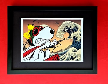 DEATH NYC Hand Signed Print Framed 16X12in COA "SNOOPY RIDES THE GREAT WAVE"