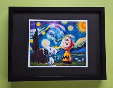 AIDAN FLUX | Hand Signed Authentic Print Framed Snoopy Starry Night Charlie COA