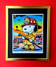 AIDAN FLUX | Hand Signed Print Framed COA SNOOPY CALIFORNIA FIREMAN