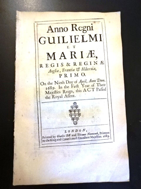 1689 English Act Establishing Coronation Oath: An Act for Establishing the Coronation Oath, passed in 1689 and printed by Charles Bill and Thomas Newcomb, 1689, London. Complete Act in black letter typeset. Cover leaf. An important act in English 