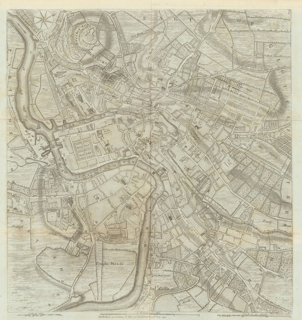 Plan of the City of Bristol by Richard Benning 1780 (1789) old antique map: [Plan of the City of Bristol] by Benning, Richard. Published Dated 1780. Printed 1789. Antique copperplate map. Size 50 x 48 cm | 19.5 x 18.5 inches. Condition: Good; suitable for framing. Please chec