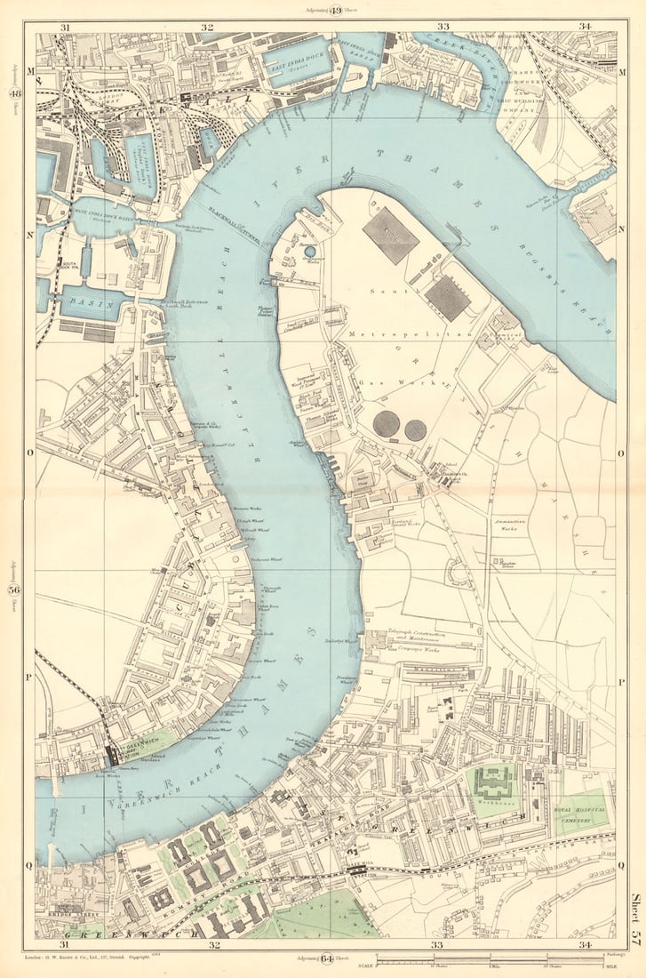 North GREENWICH Peninsula & BLACKWALL Cubitt Town West India Docks 1903 map: Sheet 57 from Bacon's 1903 London street atlas covering part of South East London including Cubitt Town, Greenwich, Blackwall, North Greenwich Peninsula, West India Docks, Maze Hill' by Bacon, George