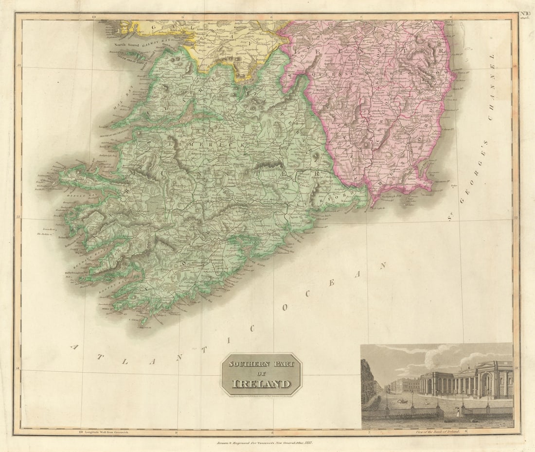 Southern part of Ireland. Munster Leinster. Coach roads. THOMSON 1817 old map: Southern part of Ireland'. Drawn & engraved by Samuel John Neele for John Thomson's "New General Atlas". Published Published in 1817. Antique early 19th century atlas map with original hand colouring.