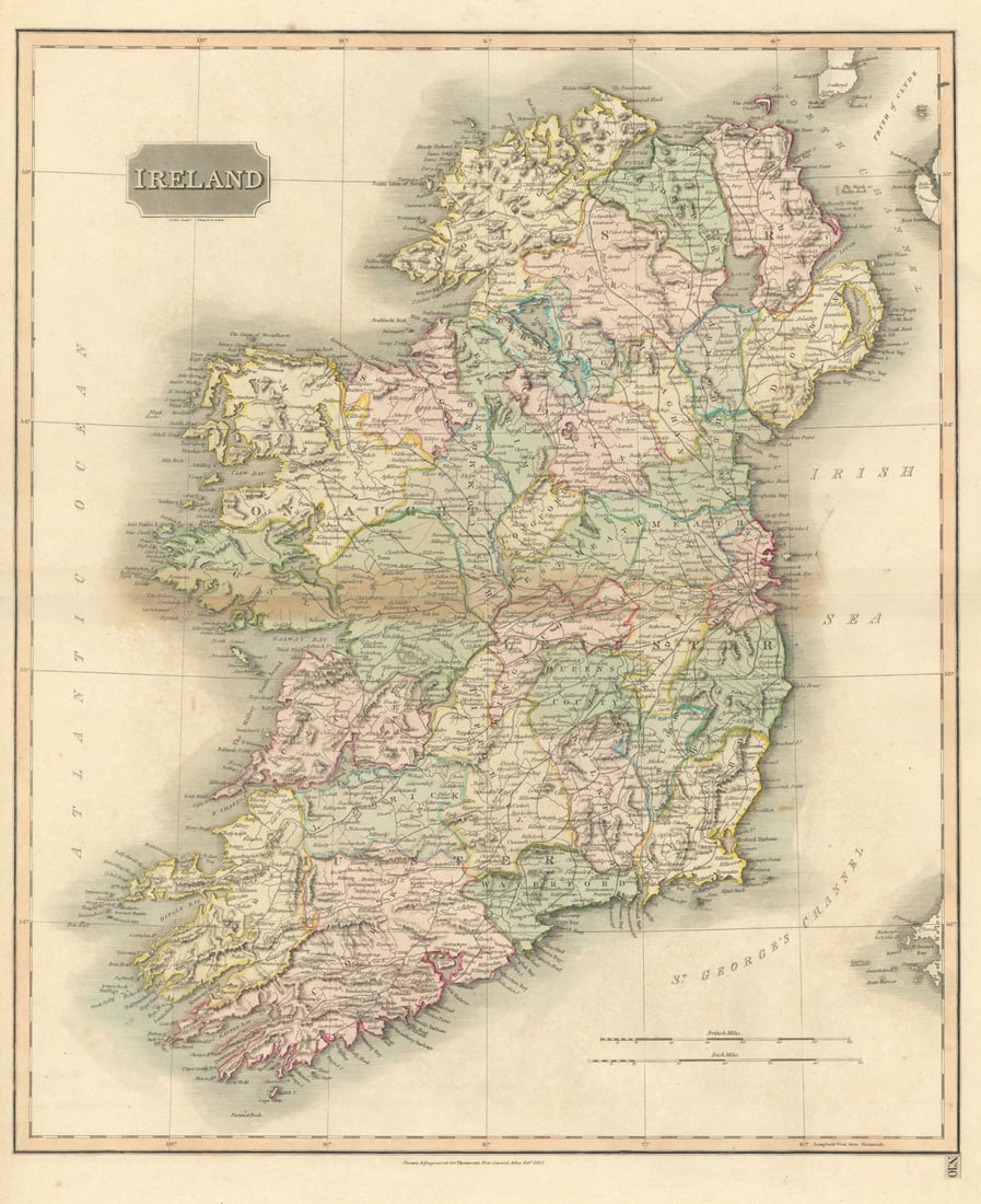 Ireland by John Thomson. Coach roads 1817 old antique vintage map plan chart: Ireland'. Drawn & engraved by Samuel John Neele for John Thomson's "New General Atlas". Published 1817 - Published in 1817. Engraved in February 1815; this date is marked on the map. Antique early 19t