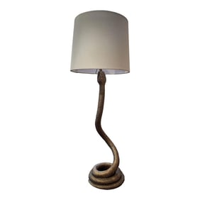 Late 20th Century Solid Brass Coiled Cobra Snake Table or Desk Lamp With White Shade