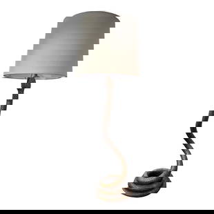 Late 20th Century Solid Brass Coiled Cobra Snake Table or Desk Lamp With White Shade: An exotic accent piece for any room or study! This lamp is solid brass and re-wired. Its shade is made of a slubby linen. It emits good light, which helps the brass to glow and highlights the snake's