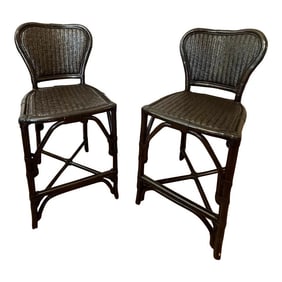 Late 20th Century Black Rattan Counter Stools - a Pair