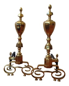 20th Century Traditional Brass Fireplace Andirons - a Pair