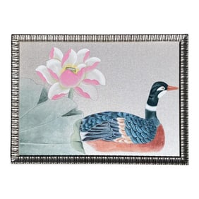 Hand-Painted Silk Wallpaper Remnant of Waterfowl & Lotus Flower