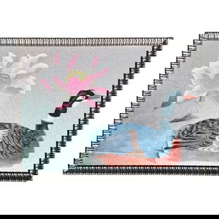 Hand-Painted Silk Wallpaper Remnant of Waterfowl & Lotus Flower: We've rescued and repurposed a vintage piece of hand-painted silk wallpaper and framed them in new solid wood silver gilt frame moulding from Italy to create an etherial piece of wall art. There's a