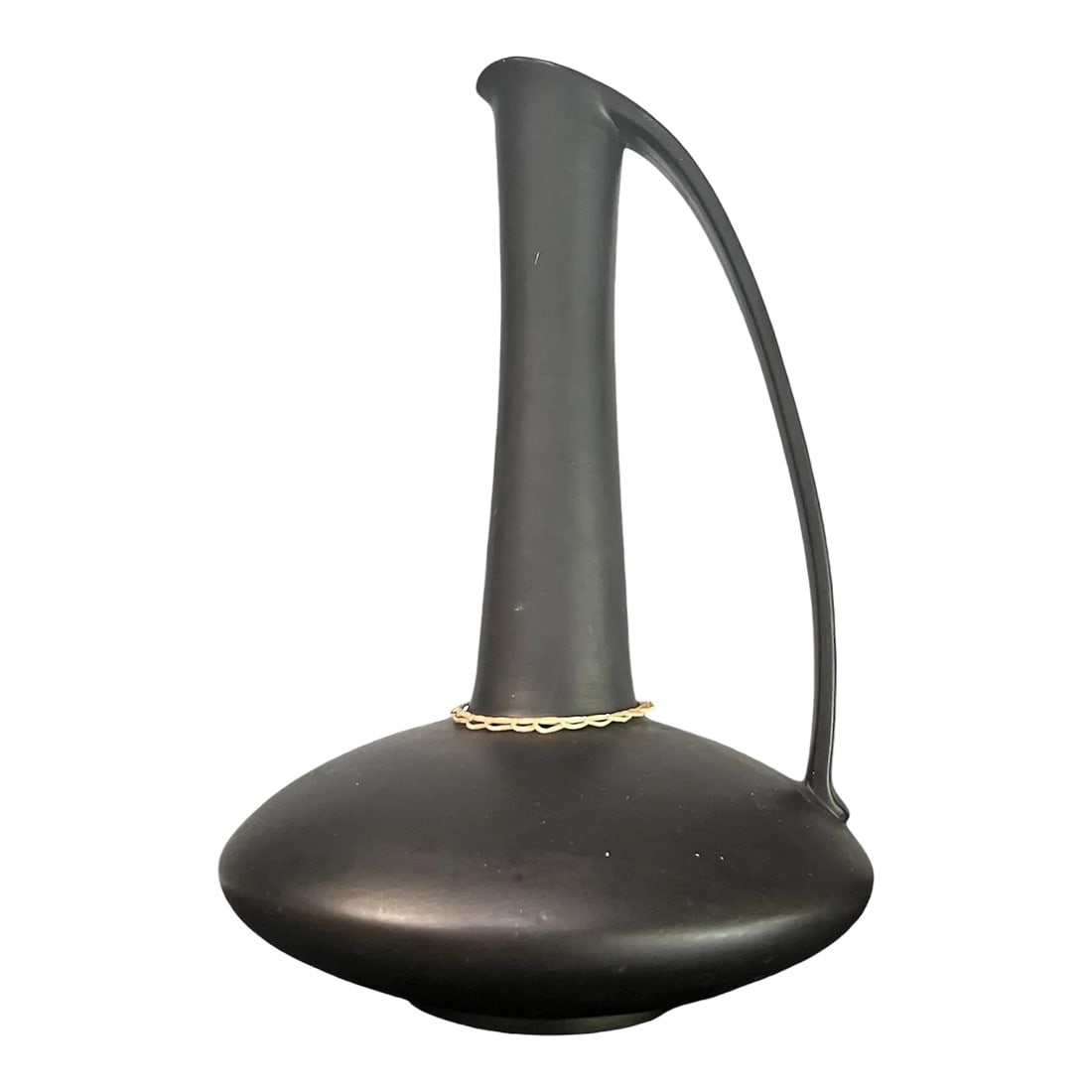 Austrian Gmudner Keramik Matte Black Decorative Pitcher With Raffia Detail, 50s: Stamped on base, this 1950s matte black decorative vase by Gumudner Keramik style number 2718 is in extremely good condition without chips or scratches and still has it's raffia detail in place. Condi