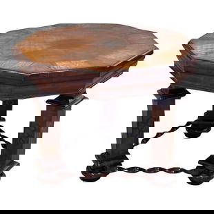 Tuscan Wood and Metal Side Table Etching and Inlaid Wood by Arte Brotto: This very study lamp table has nine sides to it which makes it round in a very unique way. Arte Brotto is the brand name in Italy. The collection of true antique reproductions is cherished in Italy