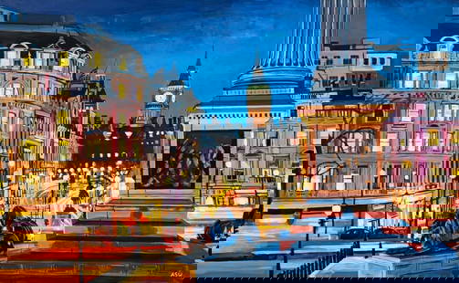 Trafalgar Square Big Ben Westminster London England by British Cityscape Artist: An original painting of Westminster from Trafalgar Square with Big Ben, London, England, by leading British urban landscape artist, Angela Wakefield. This is a major larger scale work from the London