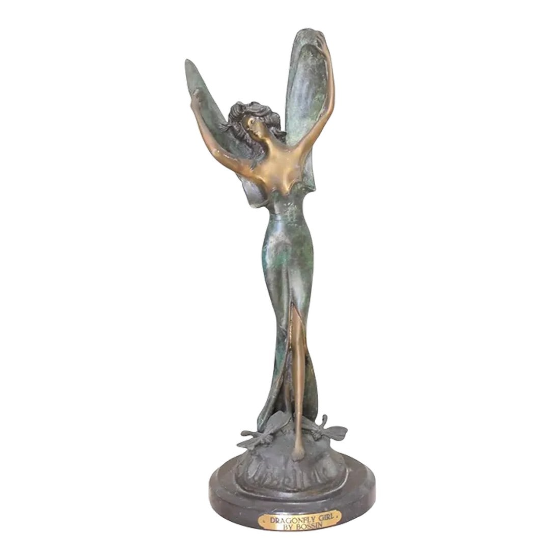 Bronze Statue of "Dragonfly Girl, Li Buelle" by L. Bossin, Signed.: A lost-wax process Art Nouveau style bronze sculpture by L. Bossin. Signed. 20" tall and 8" wide. Condition: Alterations: Original Condition Unaltered Imperfections: Some Imperfections Condition Notes