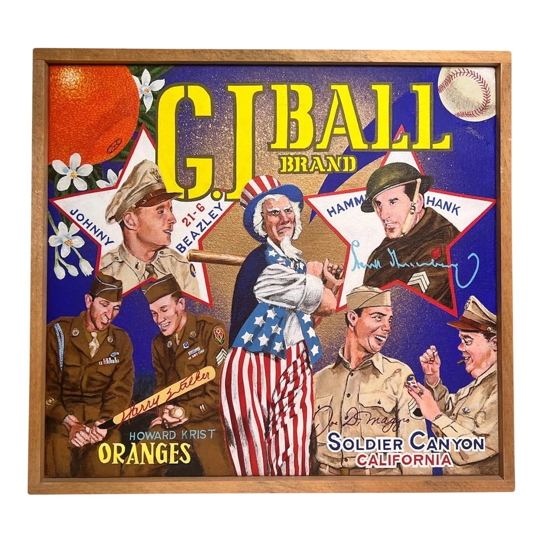 Ben Sakoguchi "Gi Ball Brand" From "Orange Crate Series" Signed Original: From his "Orange Crate Label Series: The Unauthorized History of Baseball in 100-odd Paintings," this piece is titled "GI Ball Brand" from 2005. Acryllic on stretched canvas, framed, features Jackie R