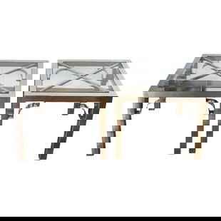 70s Chrome & Glass Parsons Tables, a Pair: Mid-Century Modern chrome X-frame square glass topped table pair. One glass top has a chipped corner that's not obviouly visible and easily replaced. Excellent example of 70s, Hollywood Regency,