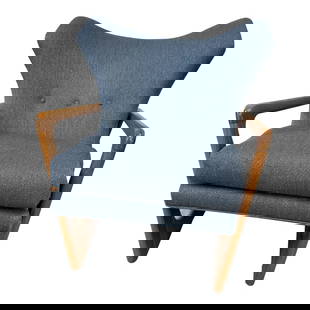 1960s Adrian Pearsall Wing Chair: Adrian Pearsall for Craft Associates Model #2466-C Walnut wood frame with blue upholstery seat and back no makers markings Condition: Alterations: Unknown Imperfections: Some Imperfections