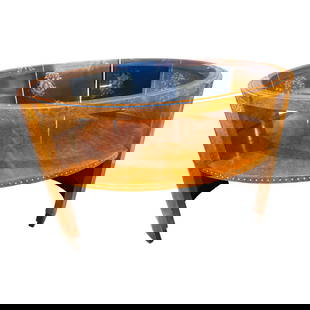 1930s French Art Deco Glass Top Table: This is an exquisite Art Deco console table, crafted with burled veneer and featuring intricate celluloid inlay in the manner of Ã‰mile-Jacques Ruhlmann. Its sleek, curved design and rich,