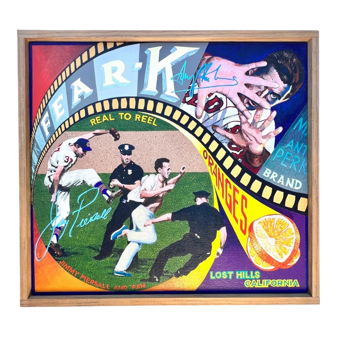 Signed, Original Ben Sakoguchi "Fear-K" From Orange Crate Label Series, 2005: Ben Sakoguchi, "Fear-K Brand" 2005, acrylic on canvas. Part of the "Brand" series, this piece blends vintage commercial aesthetics with biting social commentary, reinterpreting traditional crate label