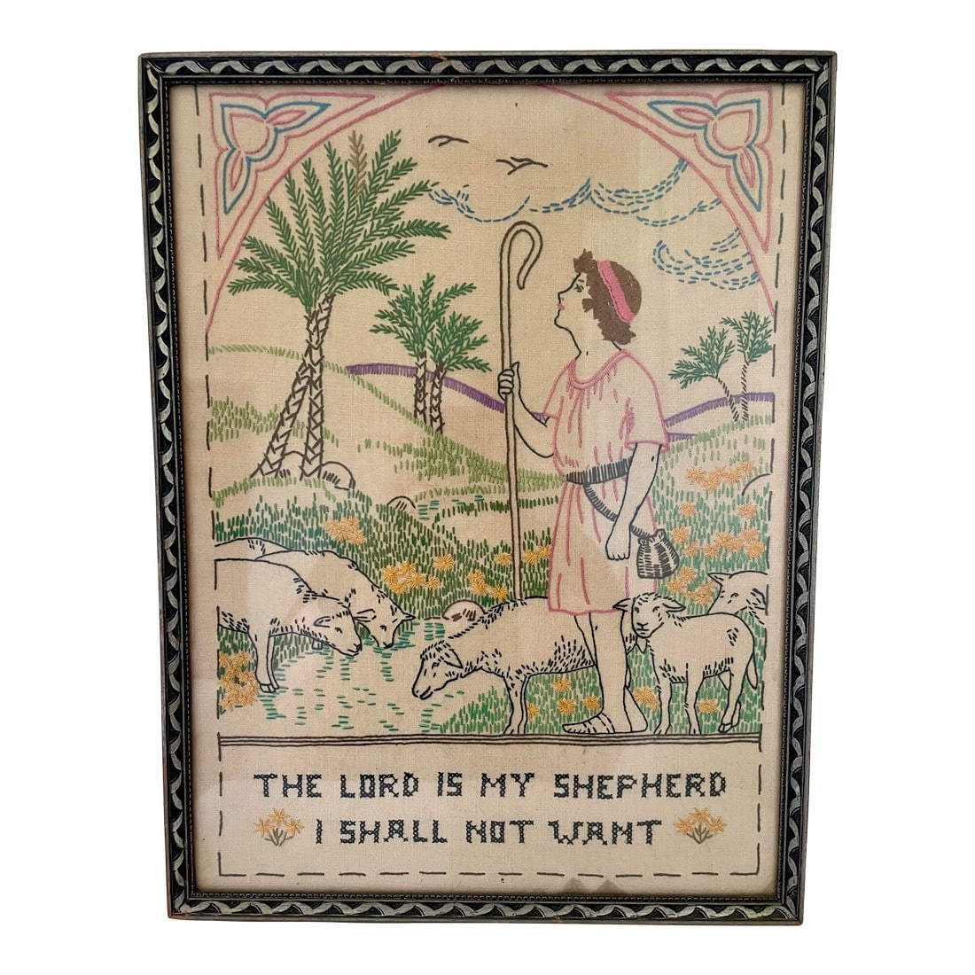 Vintage Framed Religious Scripture Embroidery: Vintage Framed Religious Scripture Embroidery - "The Lord is my shepherd I shall not want." Beautiful embroidery. It appears this was made in the 1930s. Condition: Alterations: Original Condition Unal