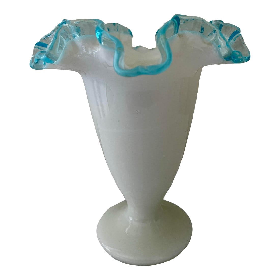 Vintage Fenton Blue Aquacrest Milk Glass Ruffled Edge Footed Vase: Vintage Fenton Blue Aquacrest Milk Glass Ruffled Edge Footed Vase is just lovely. This sweet vase makes a romantic addition to any room. Condition: Alterations: Original Condition Unaltered Imperfecti
