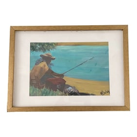 Mid 20th Century Vintage Painting - Untitled Acrylic on Paper - Fisherman