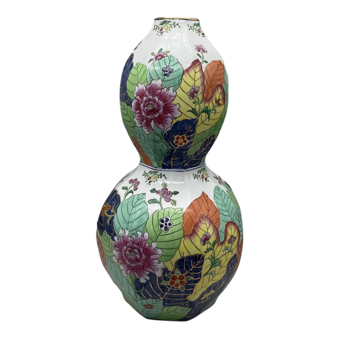 Vintage Tobacco Leaf Vase in Gourd Shape by Japanese Porcelain Ware, Hand-Painted in Hong Kong: This fantastic Vintage Tobacco Leaf Vase in Gourd Shape will add color and interest to any room! It's a great conversation piece! Markings on the bottom from Hong Kong. Condition: Alterations: Origina