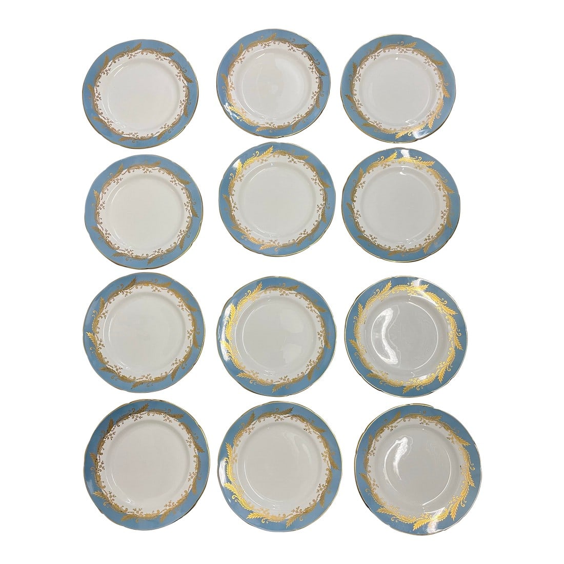 Vintage Paragon Fine Bone China England Dessert Plates- Set of 12: This collection of twelve (12) Vintage Paragon Fine Bone China England - Dessert Plates will be a showstopper on your table! Description: Blue Band, Gold Leaves&Scrolls Pattern: Z1691 by Paragon Condi