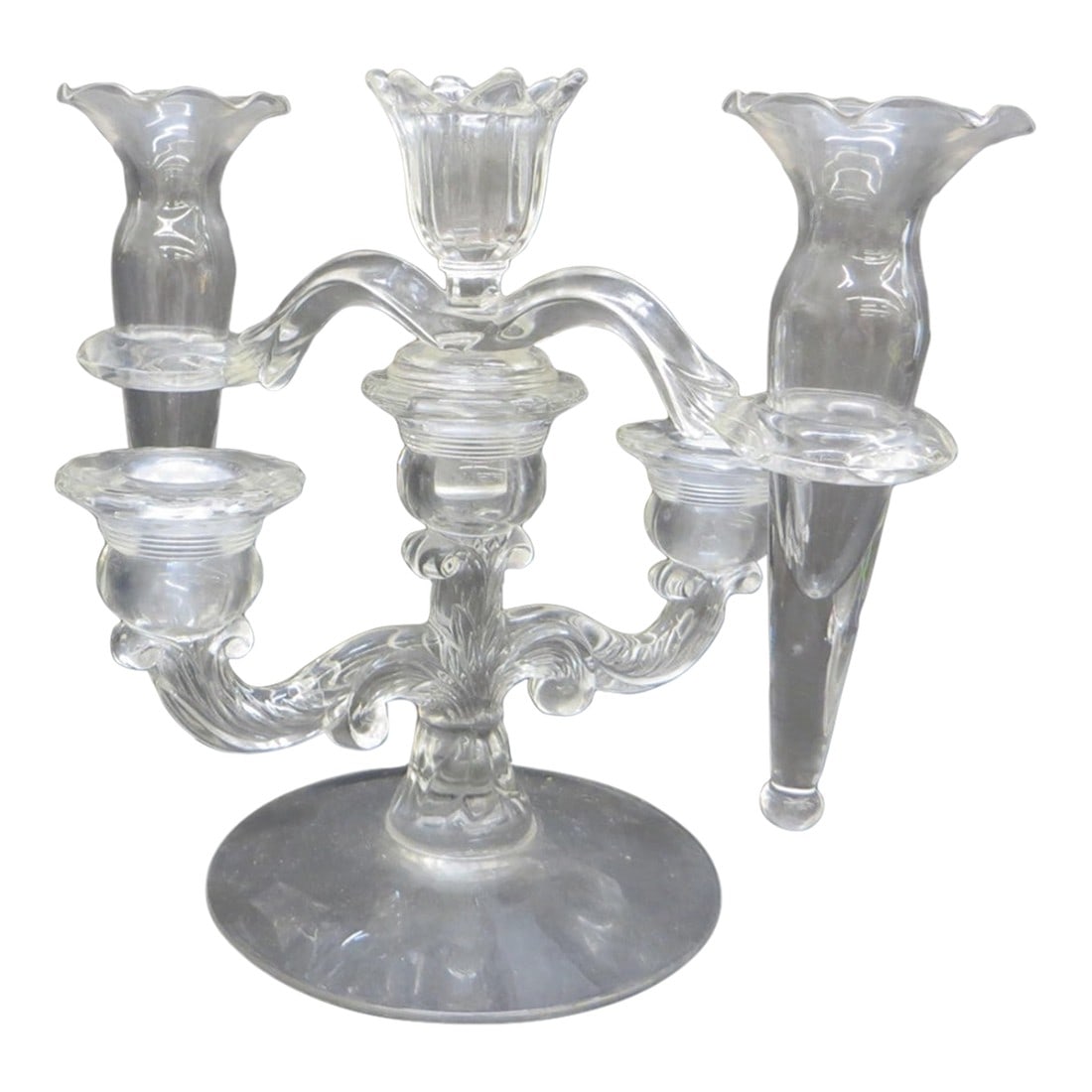 Vintage Glass Epergne With Candle Holders: This Vintage Glass Epergne With Candle Holders will make a beautiful statement on your table. Condition: Alterations: Original Condition Unaltered Imperfections: Some Imperfections Condition Notes: Ex