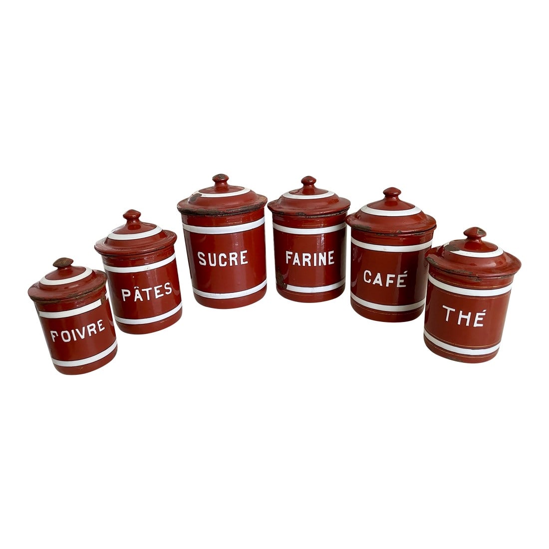 Early 20th Century Vintage French Enamelware Canister Collection- Set of 6: Add a bit of vintage France to your kitchen with this Early 20th Century Vintage French Enamelware Canister Collection. Condition: Alterations: Original Condition Unaltered Imperfections: Some Imperfe