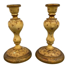 Vintage Gilded, Distressed Wood Candle Holders Made in Italy - a Pair