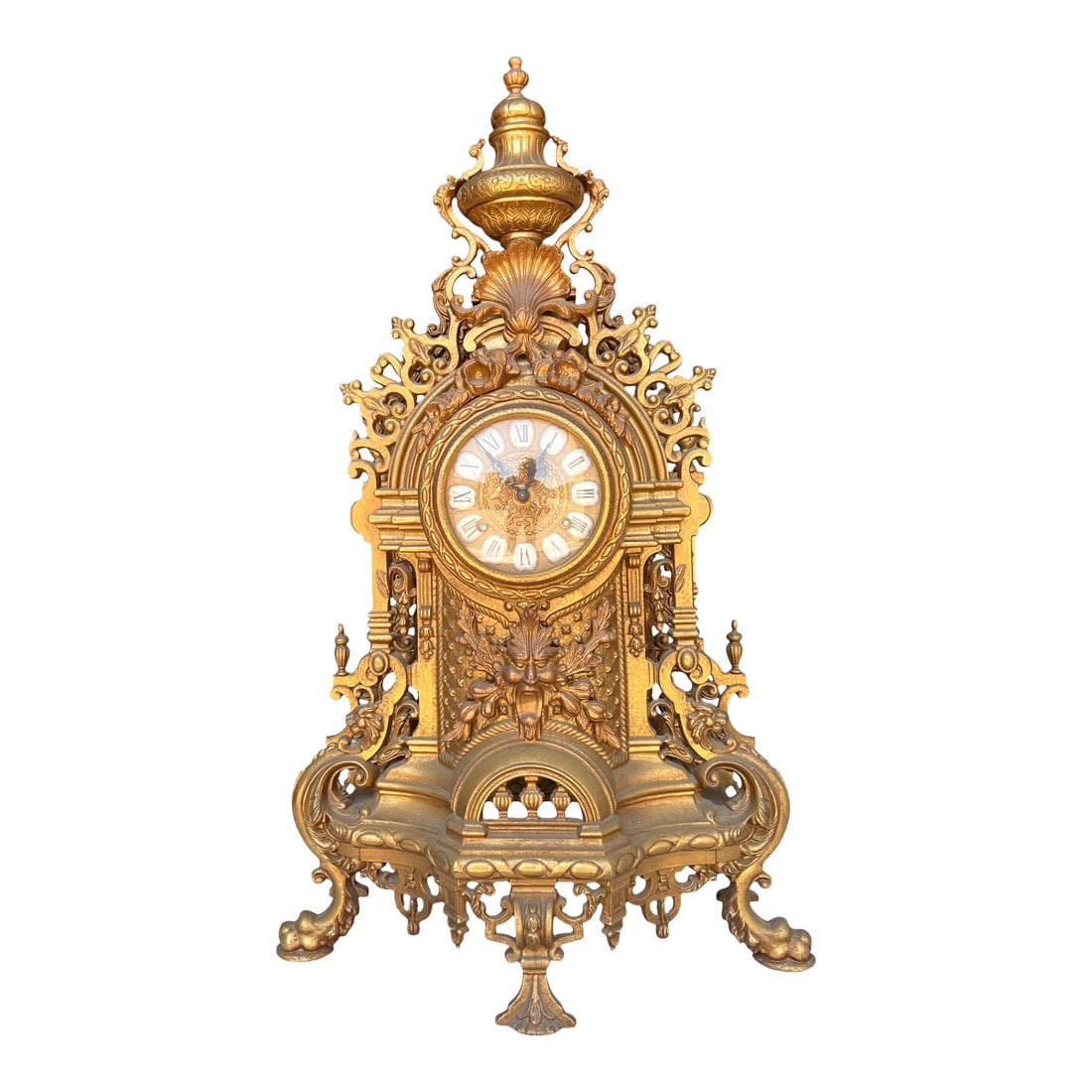Large Vintage Hermle German Rococo Revival Mantel Clock, 1983: An impressive oversized gilt mantel clock by Franz Hermle & Sohn, Germany, dated 1983. Standing over two feet tall (24.5"), this striking piece is designed in the Rococo Revival style, with scrolling 