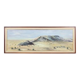 Mid-Century Modern Panoramic Southwest Desert Painting Signed Mary Lou Holmes Mountains