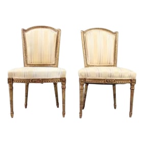 Pair of 19th Century Louis XVI Matching Gilt Wood and Painted Side Chairs in Striped Fabric