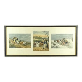 Pair of Bird Hunting English Lithographs and Triptych of a Travel Scenes 19thc
