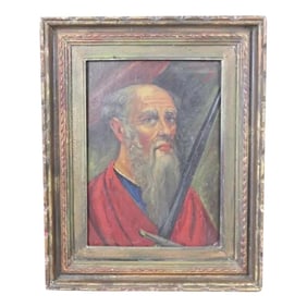 Framed Portuguese 19th Century Oil Portrait Painting of a Bearded Religious Man With Red Robes and S