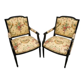 Pair of 1940s Black Midcentury French Neoclassical Armchairs With Chinoiserie Fabric