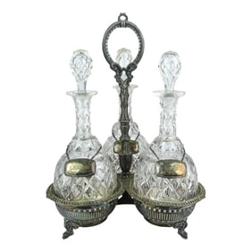 Antique English Silver Three Section Silverplate Decanter Holder or Tantalus With Lateraling Liquor