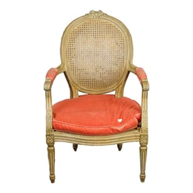 French Louis XVI Style Painted Cane Seat and Back and Coral Velvet Upholstery 19th Century