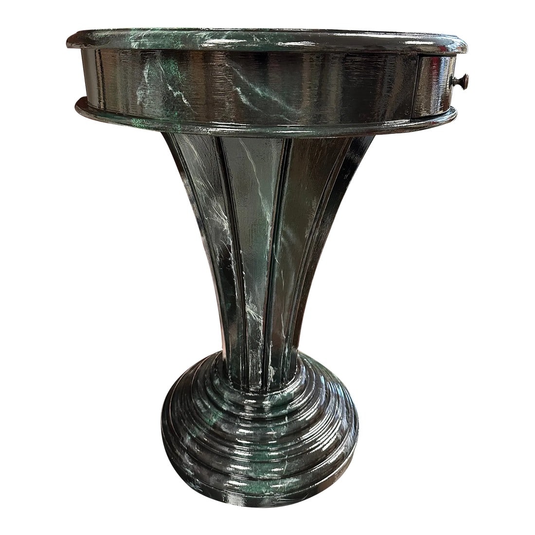 1990s Faux Marble Round Fluted End Table With Drawer Hollywood Regency: A one of a kind faux marble finished round end table with a fluted cascading trunk and drawer Condition: Alterations: Original Condition Unaltered Imperfections: Some Imperfections Condition Notes: Ha